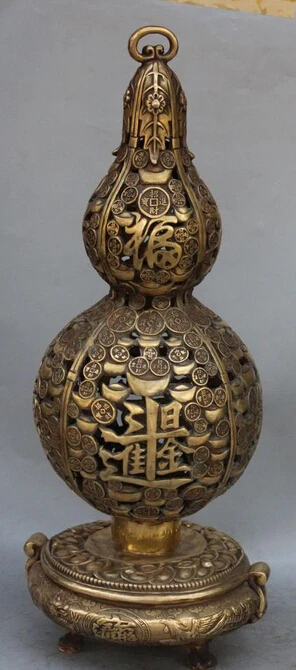 

xd 002503 24" Chinese Bronze Wealth Money Dragon Phoenix Calabash Cucurbit Gourd Sculpture