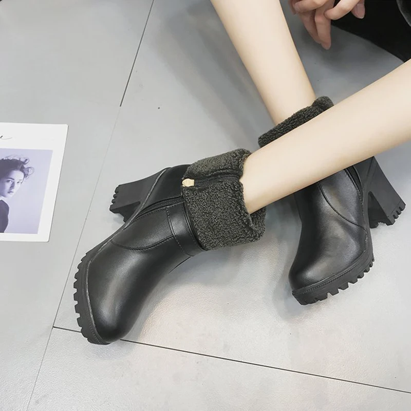 2019 зимние теплые сапоги до середины голени женские ботинки с круглым носком
