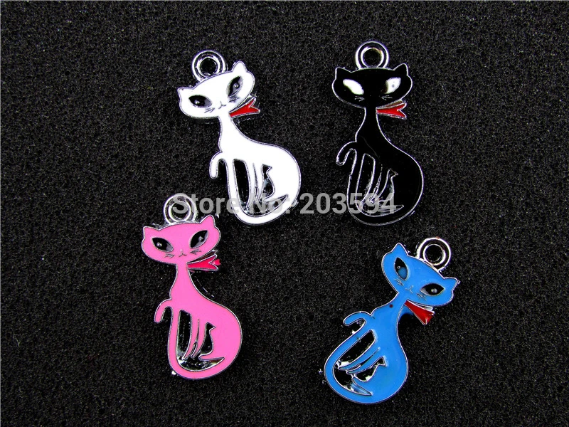 

AE445 Mix Color 100Pcs Alloy Metal Enamel Cat Charms Pendants 28x14mm bead