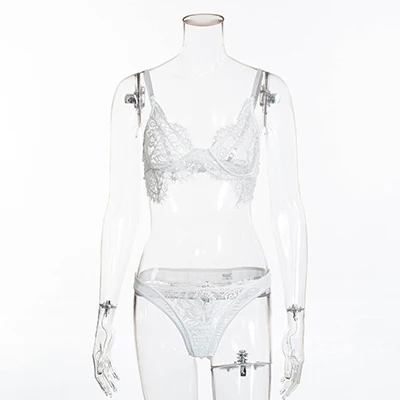 sexy mousse Women's lingerie Lace bra thong set underwear waist deep V low chest sexy split hips shoulder strap adjustable - Цвет: white