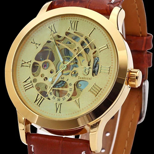 

2018 Popular 3 Color Men's Fashion Roman Numerals Mechanical Skeleton Hollow Dial Wrist Watch Gift