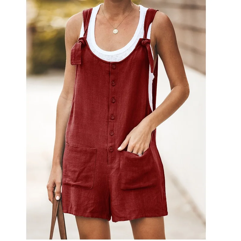 YF01913Claret Женский летний хлопковый льняной прямой короткий комбинезон на бретельках Свободный Повседневный комбинезон с широкими штанинами - Цвет: YF01913Claret
