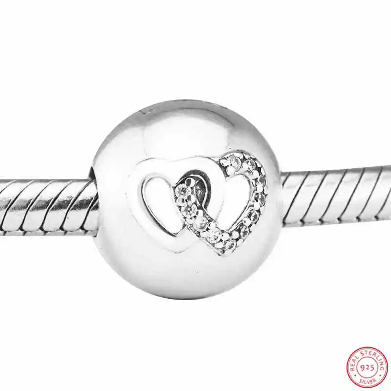 Бусины зажимы в форме сердца с прозрачным фианитом подходят для PANDORA Charms серебро