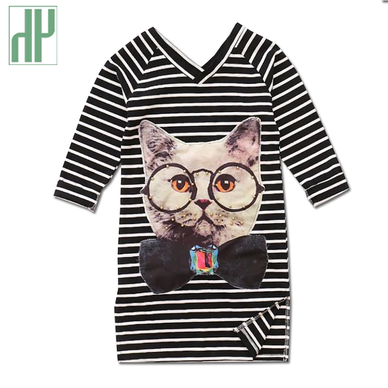 Girls costumes kids dress elegant party frocks for girls striped Children cat animal print long sleeve 4 5 12 years | Детская одежда и