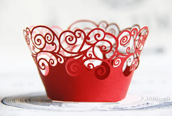 

Free Shipping red lace cupcake wrapper, laser cut muffin cup cake cups wrappers pearl paper wedding party decoration supplies