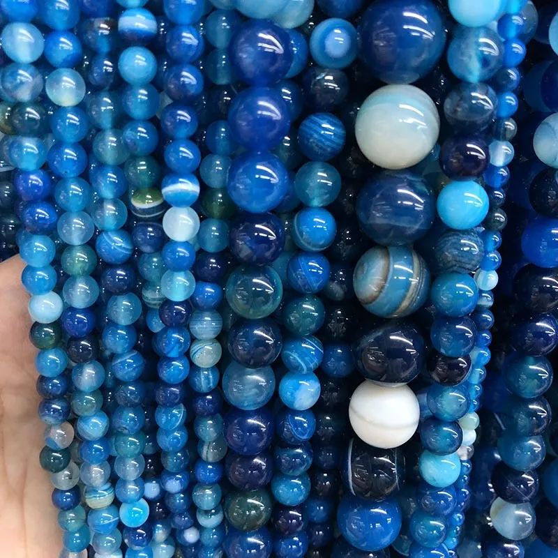 Синий Natural Stone Beads Blue Stripe agat Onyx Round Loose Beads 4 6 8 10 12 14mm Fit Diy Space Beads Jewelry Making - Цвет: Синий