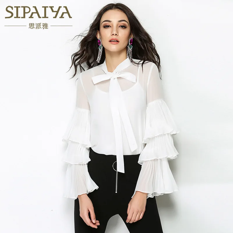 

New Bow Tie Shirt horn long sleeved autumn female coat loose all-match
