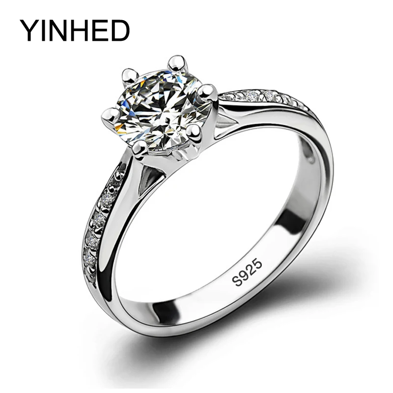 YINHED 100% чистое серебро 925 пробы обручальные кольца для женщин классические 1 карат