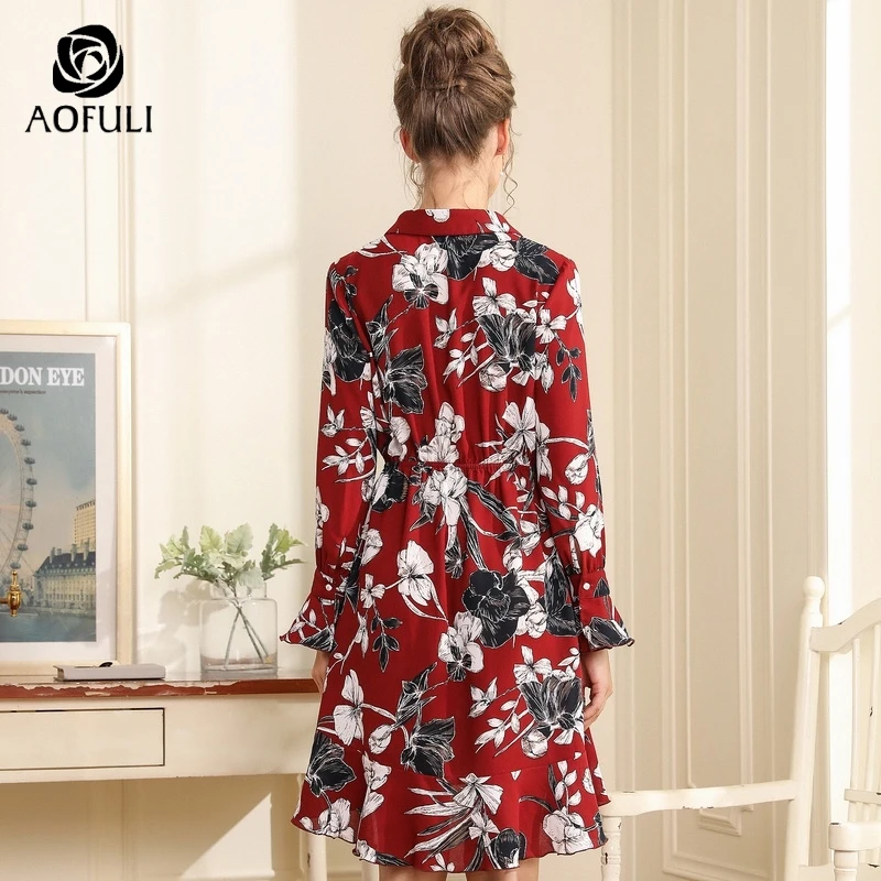 AOFULI flower print women trumpet dress ruffles autumn long sleeve shirt big size party dresses L- XXXL 4XL 5XL A3715 | Женская одежда