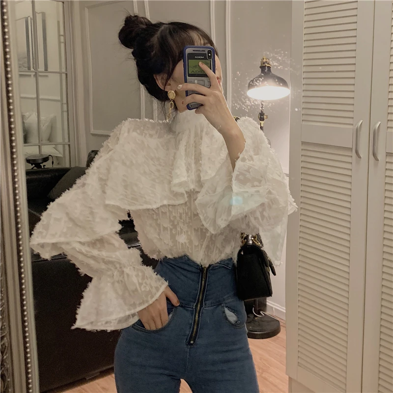 Lychee/кружевные женские блузки с оборками воротником стойкой длинным Расклешенным
