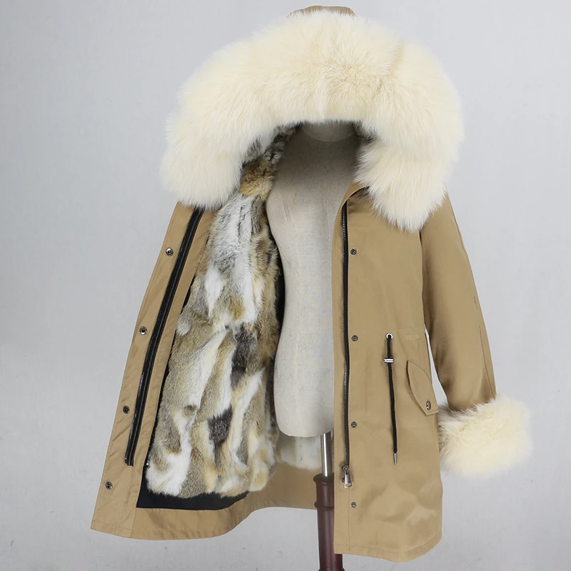 brown light beige OFTBUY Long Waterproof Parka Real Fur Coat Natural Fur Collar Hood Winter Jacket Women Rabbit Fur Liner Thick Warm Detachable - Цвет: brown light beige