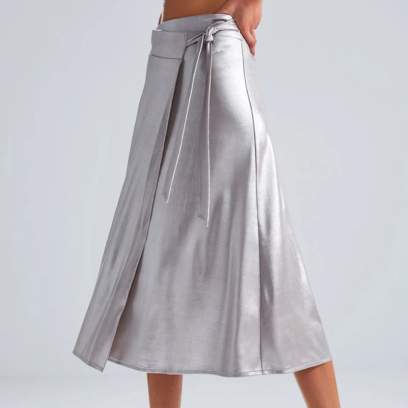 New Silver Stain Midi Skirts Women 2019 Spring-Autumn High Waist Bow Ladies Elegant Split faldas jupe femme girls clothes | Женская