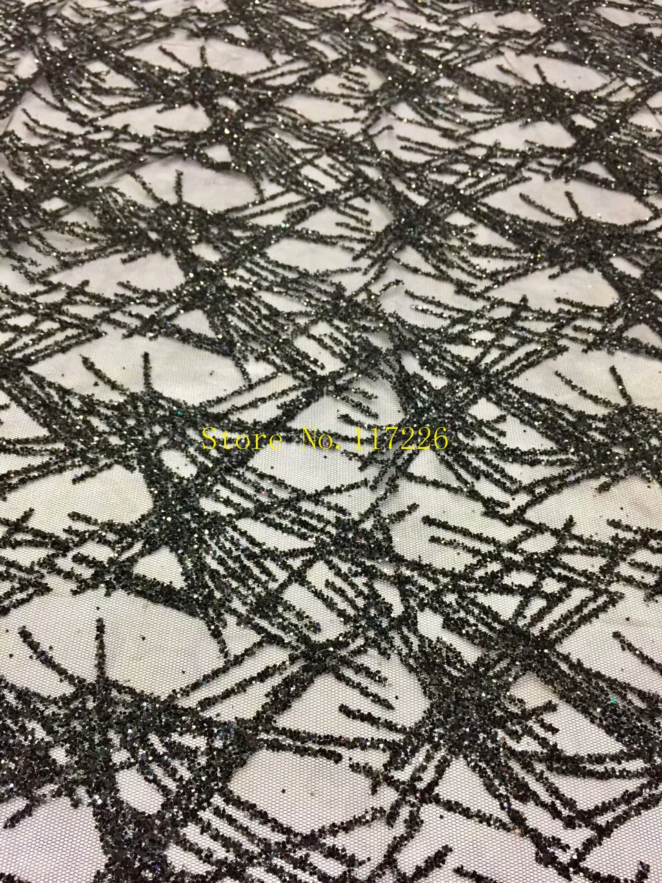 Специальная фатиновая кружевная ткань с приклеенным блеском черная африканская