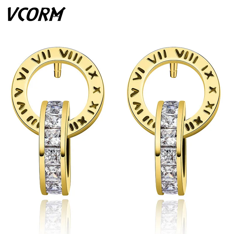 Gold VCORM Элитный бренд римскими цифрами золотое ожерелье, серьги со шпилькой, для Для женщин мужчина модные серебристые Нержавеющая сталь серьги из циркона, украшения - Окраска металла: Gold