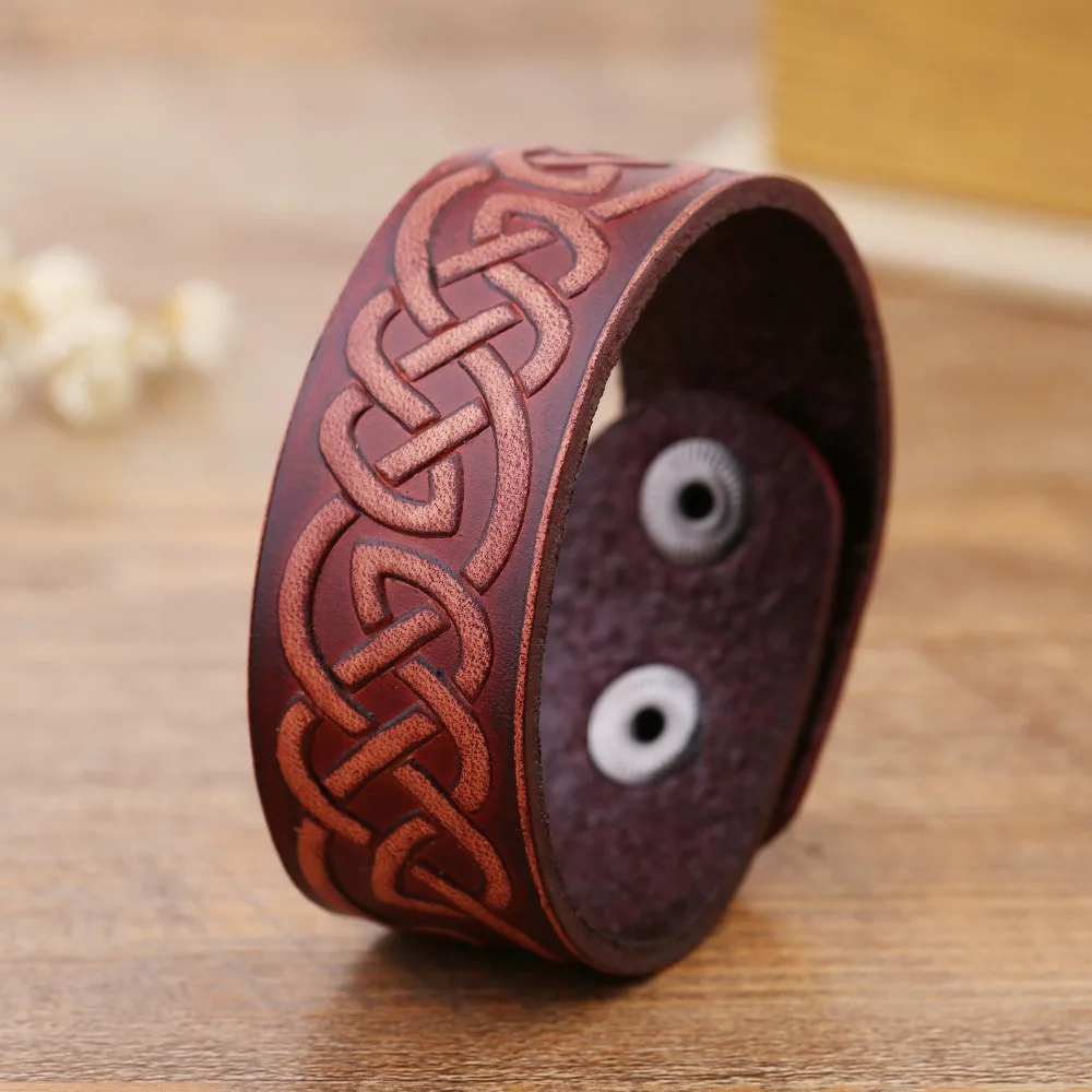 Teamer New Arrival Mens Religious Irish Knot Work Genuine Leather Bangles Cuff Bracelets Viking Tunes Talisman for Man | Украшения и
