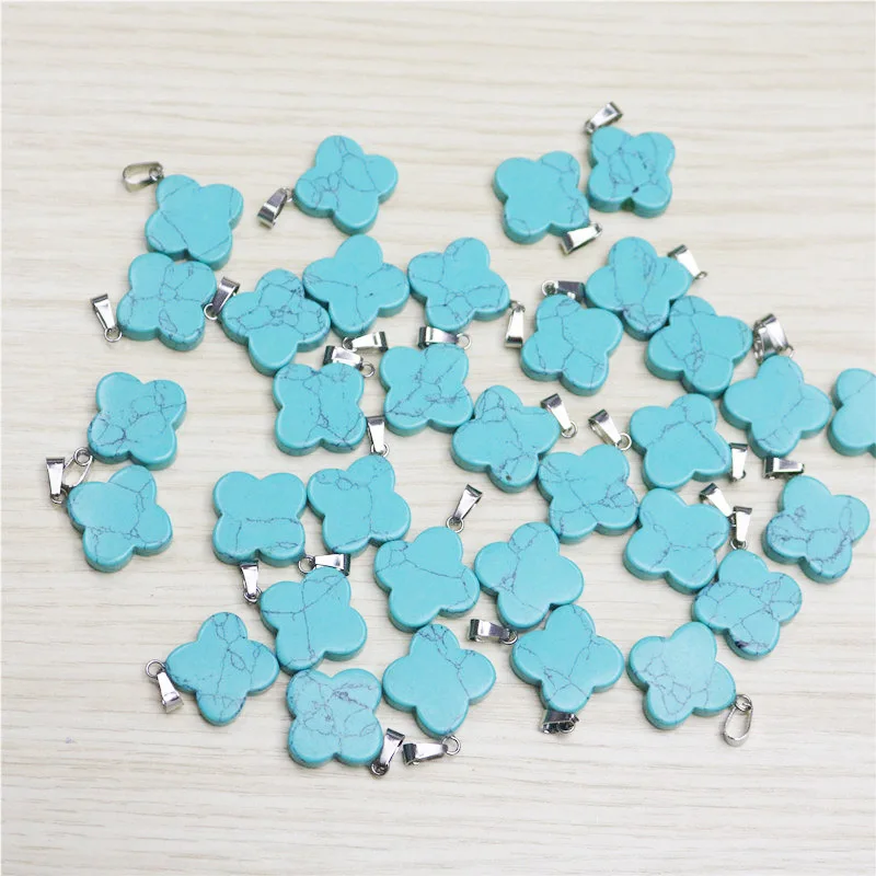 Blue turquoise Натуральный камень четырехлистный счастливый клевер Бусины Подвески для изготовления ювелирных изделий сплав кулон Браслеты Серьги DIY 50 шт - Окраска металла: Blue turquoise