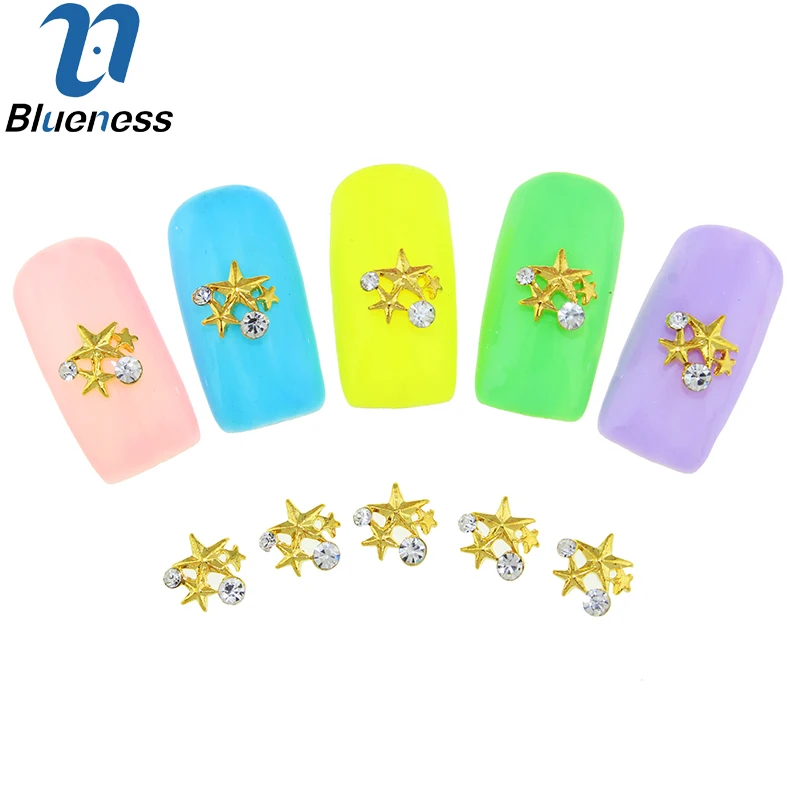 10 Pcs/Lot DIY 3 Stars Design 3D Fashion Gold Alloy Nail Art Charms Rhinestones Decorations For Nails Beauty Studs TN1647 | Красота и