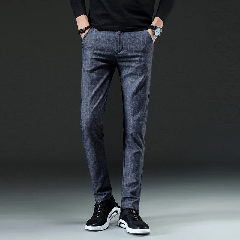 LENSTID Демисезонный Повседневное штаны в клетку Для мужчин хлопок Slim Fit Chinos модные штаны Мужская брендовая одежда плюс Размеры K519 - Цвет: Темно-серый