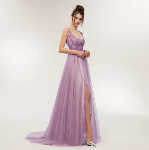 As the picture Сексуальное платье для Бала Low Neck A-Line бисерные вечерние платья длинное с разрезом роскошное выпусквечерние вечернее платье Robe de Soiree RE12 - Цвет: As the picture