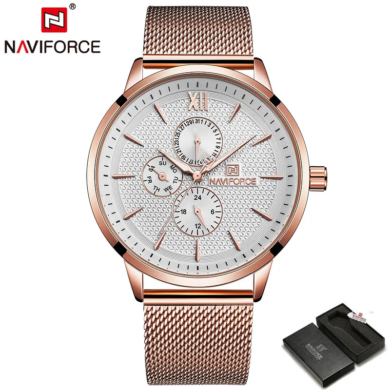 NAVIFORCE Брендовые мужские модные спортивные кварцевые наручные часы, мужские повседневные водонепроницаемые деловые часы с ремешком и стальным сетчатым ремешком, Relogio Masculino - Цвет: Rose Gold White -Box