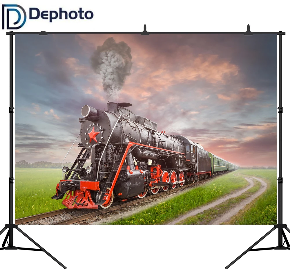 Фоны для фотосъемки с паровым поездом и весенним полевым пейзажем на заказ