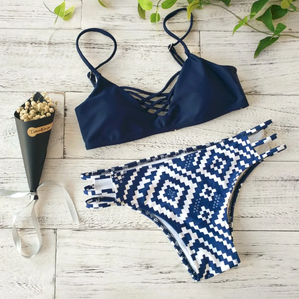 

New Bandage Swimwear Reversible Halter Bikini Top Cut Out Swimsuit Brazilian Floral Print Bikini set Strappy Bathing suit 2279