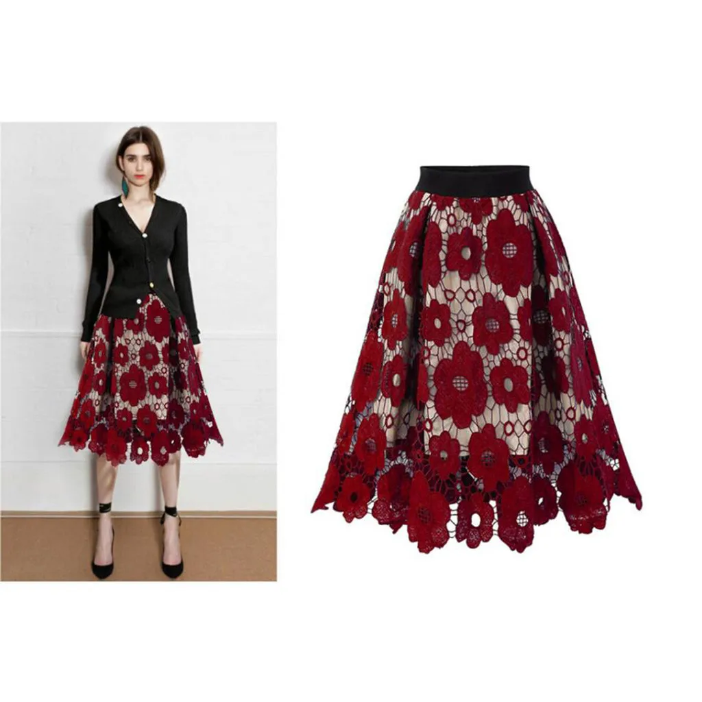 

Fashsiualy Women Fashion Summer maxi long high waist Skirt Lace Flower Print skirts Beach Party Elegant Midi Skirt Female Z704