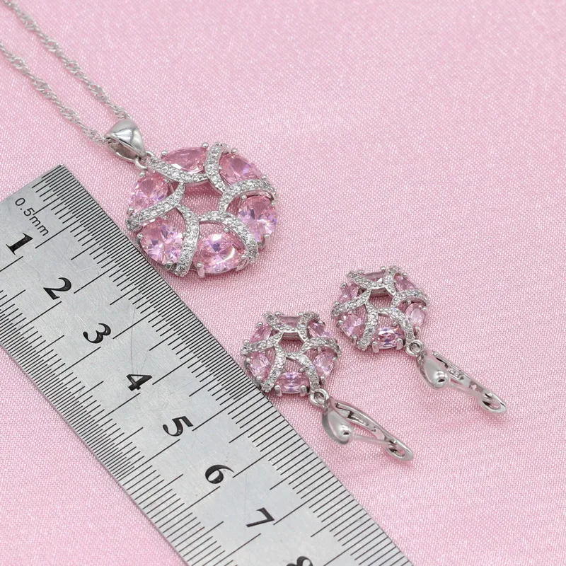 Round Pink Cubic Zirconia 925 Silver Jewelry Sets For Women Engagement Earrings Bracelet Pendant Necklace Ring WPAITKYS | Украшения и
