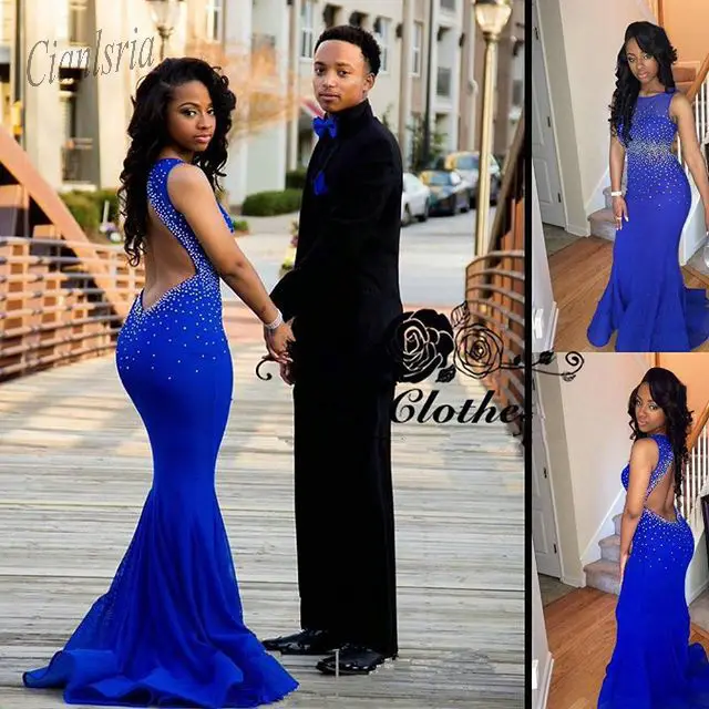 

2020 New Arrival Royal Blue Backless Mermaid Prom Dresses Open Back Beaded Long Party Dress Gowns Custom Made