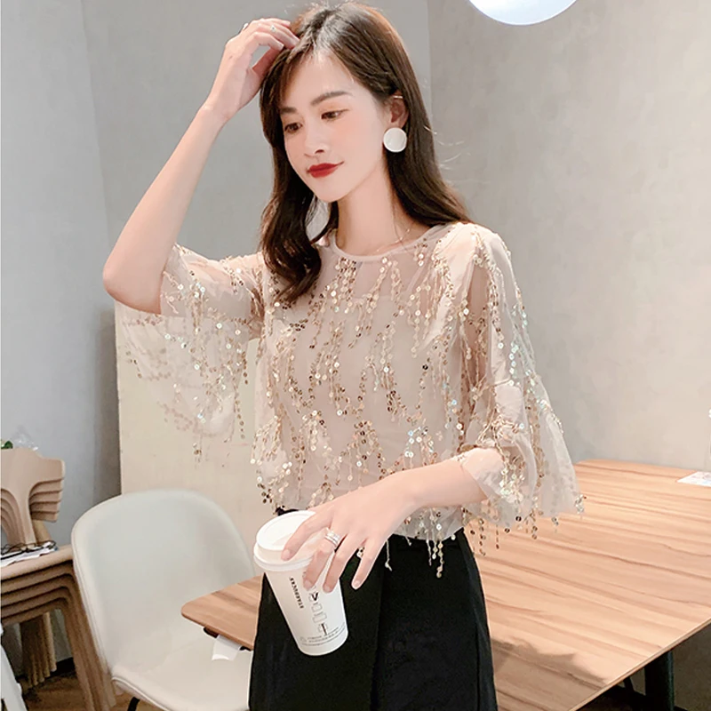 Blusas женская рубашка Сексуальная кружевная с пайетками летнее платье юбкой годе