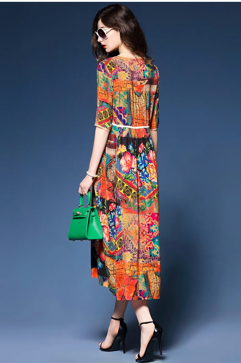 2017 O-Neck Summer Autumn High Qualit New Fashion Silk Crepe Big Print Empire Style Long Dress | Женская одежда