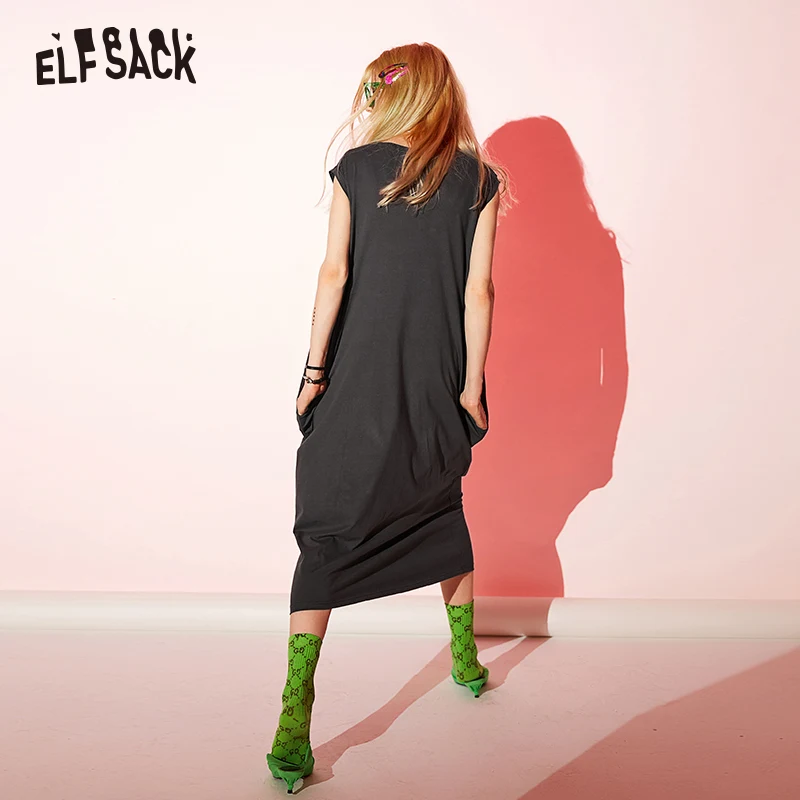 Женские винтажные платья из хлопка ELF SACK, черное повседневное праздничное платье А-силуэта без рукавов, с круглым вырезом и принтом, длиной до середины голени, для лета
