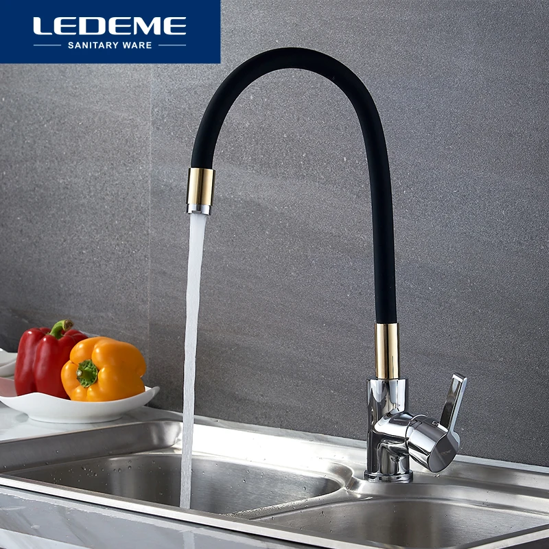 LEDEME Смеситель для кухни с силиконовым изливом латунь Цвет: золотой+чёрный L4898-10 |