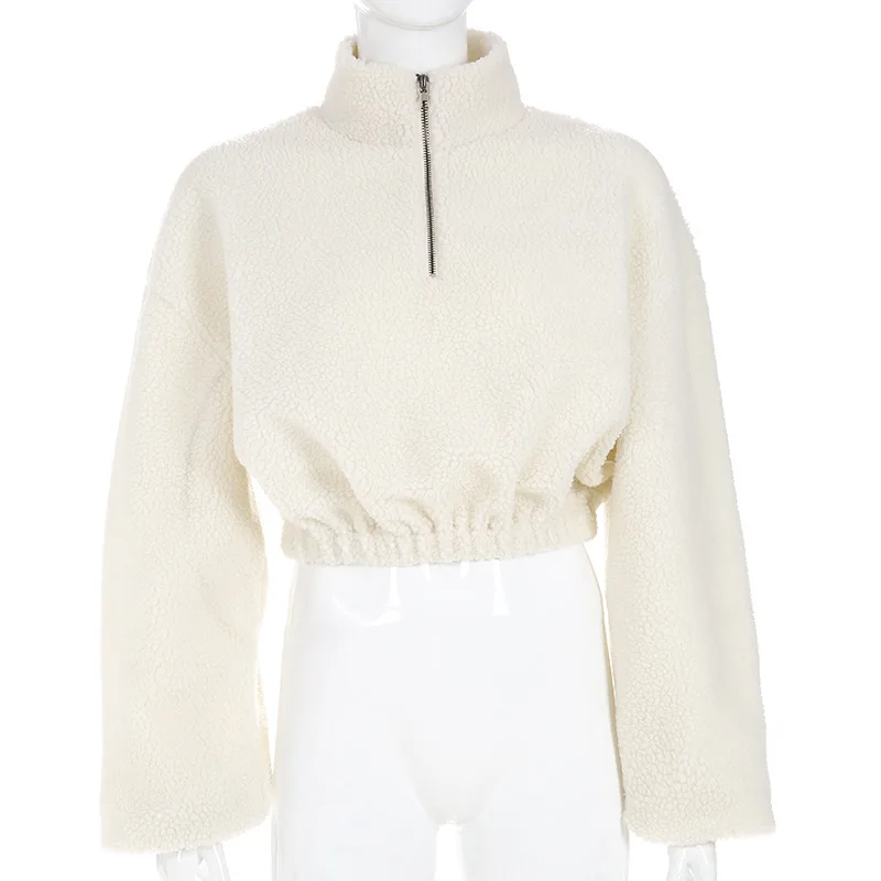 Women Winter Autumn Lambs Wool Warm Pullovers Zipper Long Sleeve Cropped Tops Female Loose Casual Sweatshirts Outwear | Женская одежда
