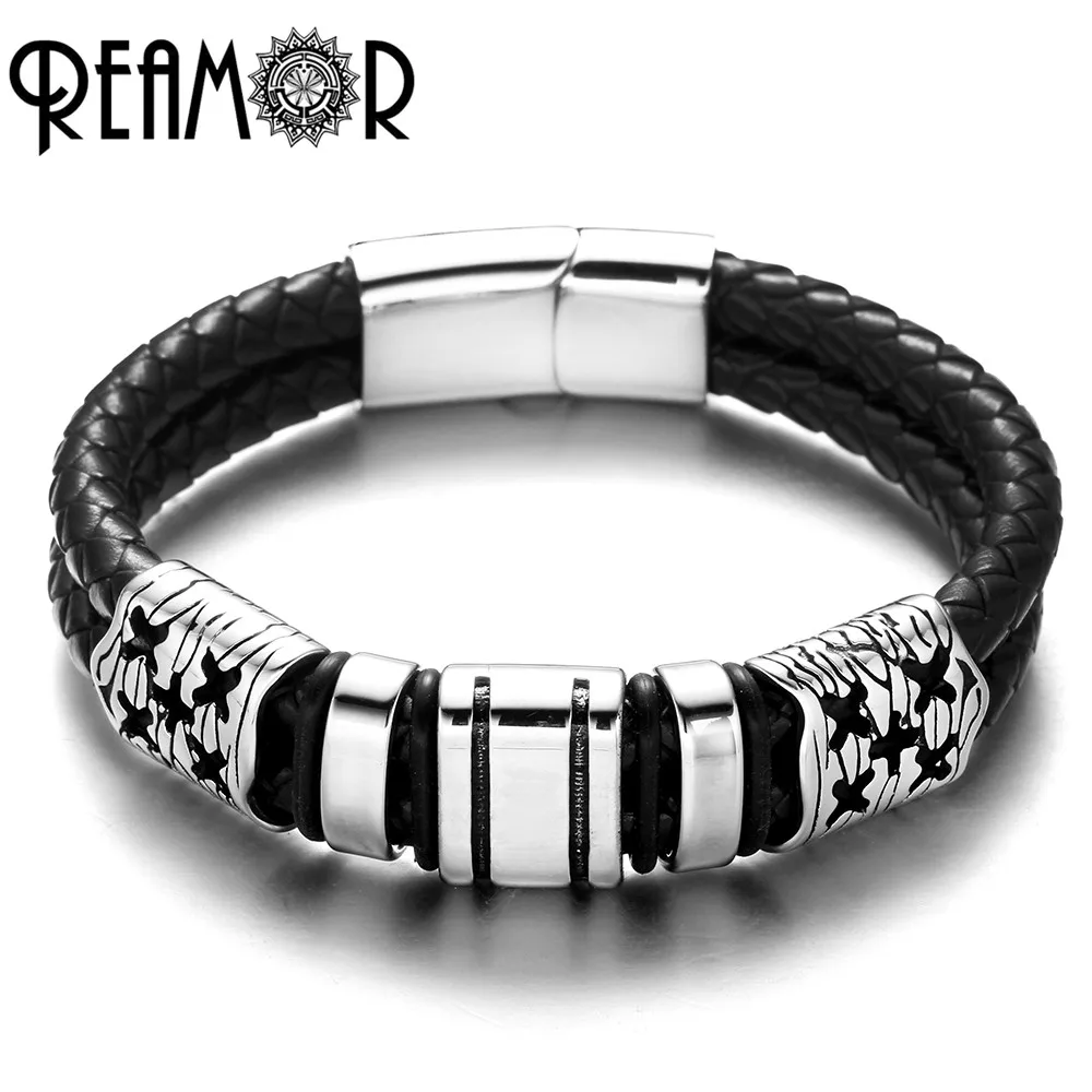 REAMOR 316L нержавеющая сталь Простой стиль мужчины талисманы браслет черный/красный/коричневый двойной плетеный кожаный пряжка с магнитом браслеты