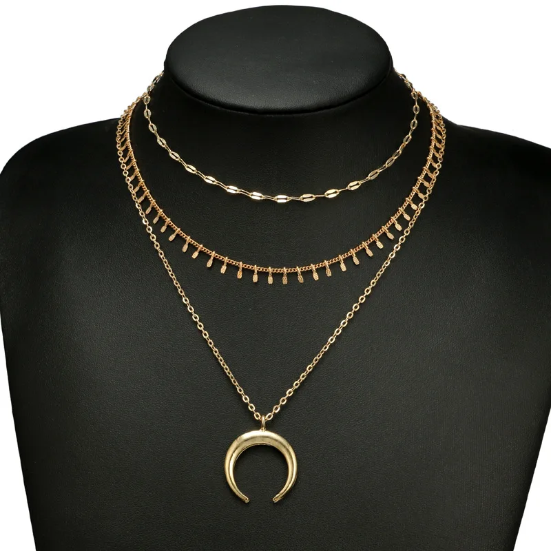 Vintage Multilayer Acrylic Ox Horn Moon Tattoo Chokers Long Necklaces Boho Necklace Bijoux Handmade for Women Summer Fashion | Украшения и