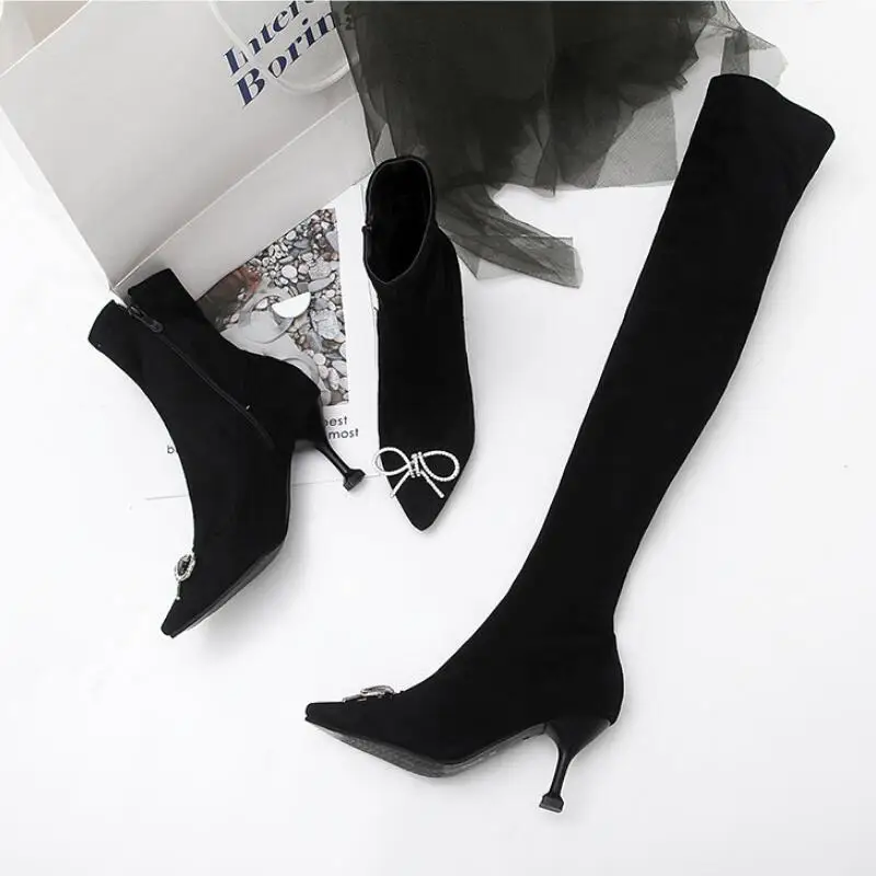 Облегающие сапоги до бедра женская обувь на шпильке с бантом и кристаллами В