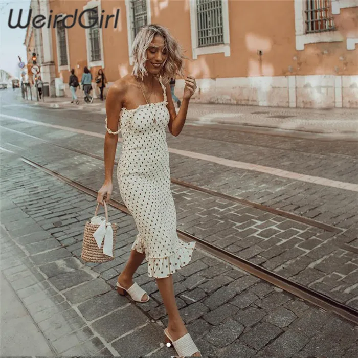 Weirdgirl, женское летнее пикантное платье с оболочками цвета хаки, праздничная одежда, платья до колен в горошек, бодикон, без бретелек, летнее пляжное платье, новинка, для девушек