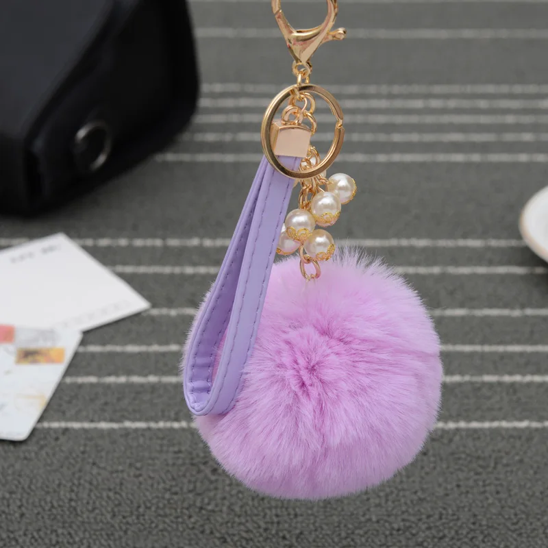 

Fashion Plush Imitated Rabbit Fur Ball KeyChain With Beads Fur Pom Pom Key Chain Ball Pendant Bag Accessories for Women EH767