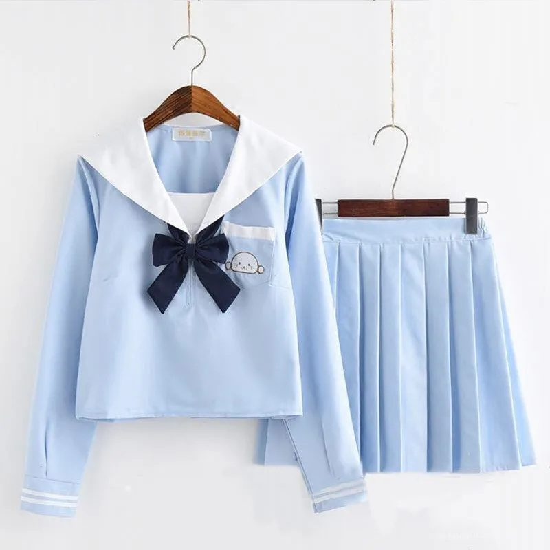 Long Sleeve Set Небесно-голубая кавайная форма, японская школьная форма JK для девочек, матросский топ+ плиссированная юбка, полный комплект, школьные женские костюмы S-XXL - Цвет: Long Sleeve Set