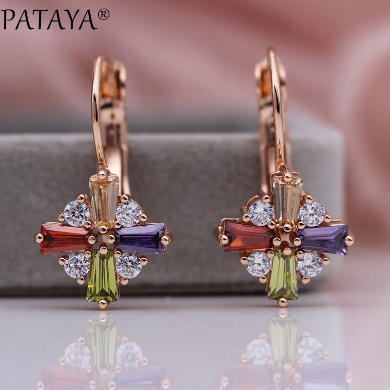 PATAYA New Western Style Colored Square Natural Zircon Drop Earrings 585 Rose Gold Women Fine Party Wedding Hot Fashion Jewelry