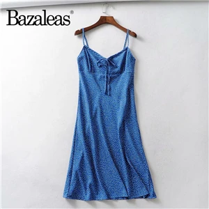 C24 dot blue 1254 Bazaleas винтажное лиловое летнее платье с принтом в горошек, французское фиолетовое платье миди на тонких бретельках, модные тонкие платья, Прямая поставка - Цвет: C24 dot blue 1254