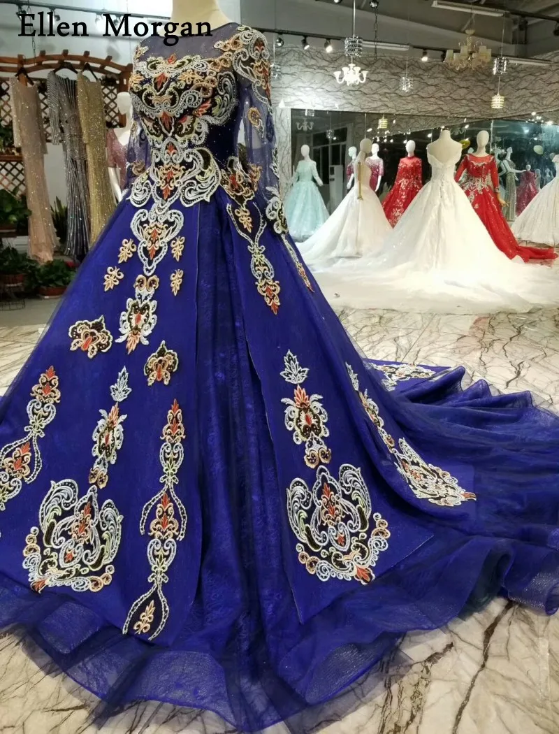 Платье с длинным рукавом Королевского синего цвета кружевное винтажное вышивкой