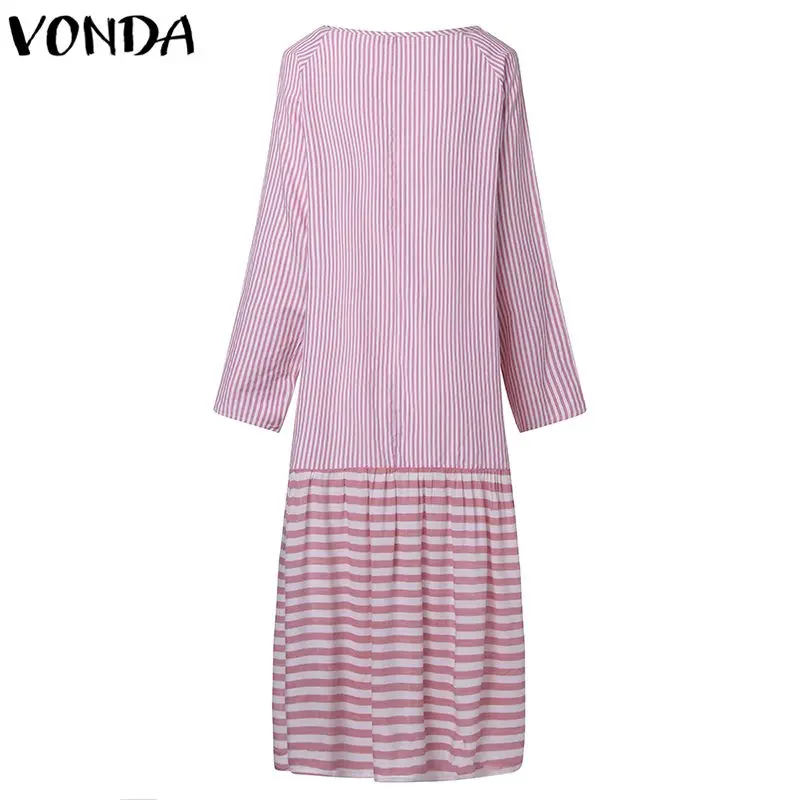 Сексуальные Полосатые лоскутные платья VONDA, женское длинное платье, осень, круглый вырез, длинный рукав, большие качели, повседневные, свободные, Vestidos размера плюс