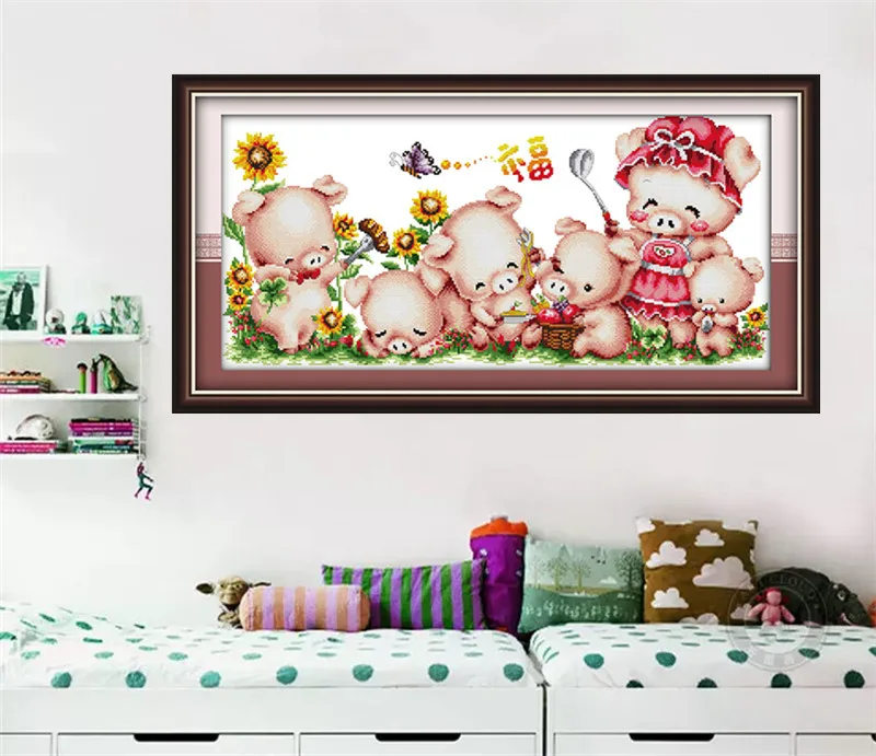 

The family of pigs Printed Canvas DMC Counted Chinese Cross Stitch Kits printed Cross-stitch set Embroidery Needlework DIY Decor
