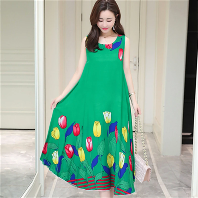 Платье женское длинное выше колена с круглым вырезом без рукавов|Женские платья|