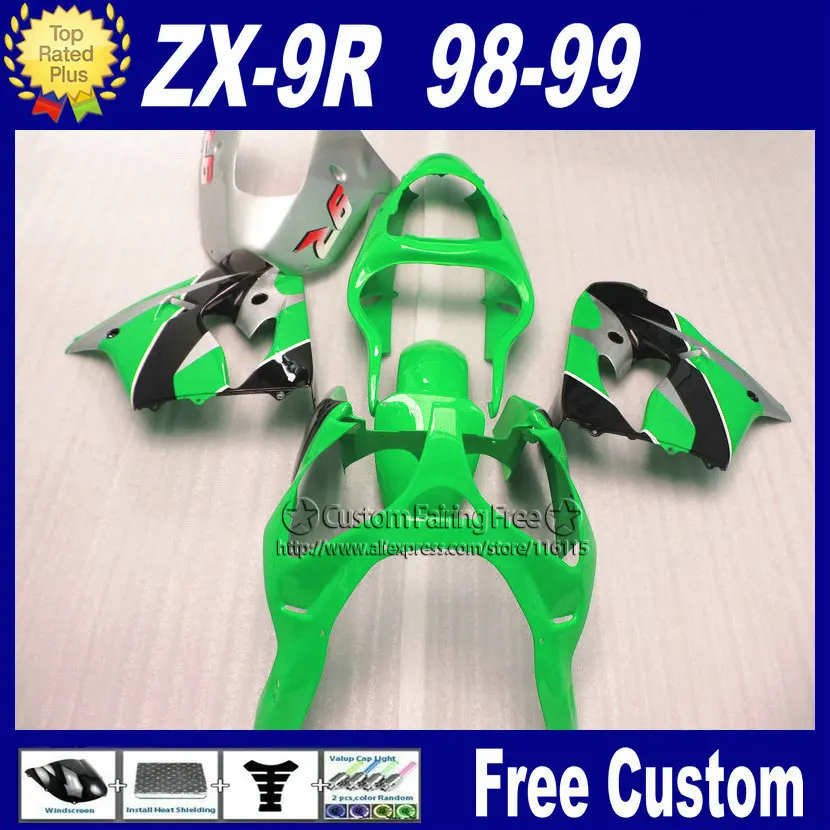 100% Обтекатели из АБС пластика на заказ для Kawasaki Ninja ZX9R 1998 1999 zx9r 98 99 Зеленые + 7