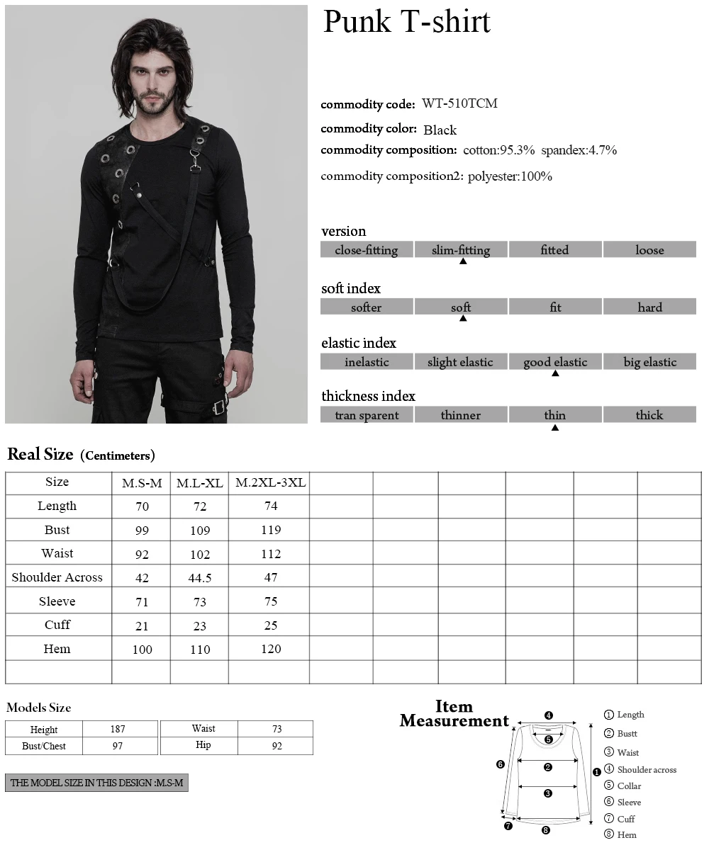 Панк Rave Мужская футболка Готический Черный эластичный хлопок с длинными