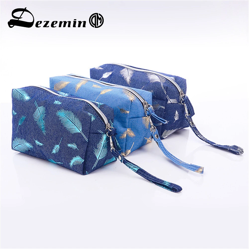 Сумка косметичка DEZEMIN Denim с перьями женская сумка для путешествий макияжа