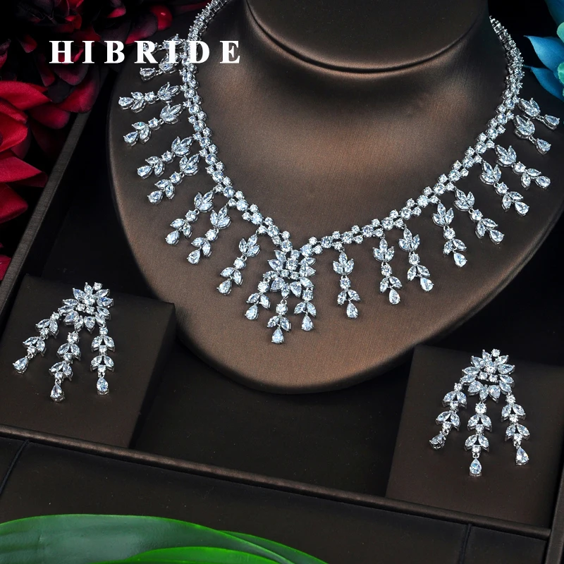 HIBRIDE Big Pendent Long Water Drop Full Cubic Zirconia Women Jewelry Sets Wedding Bride Dress Accessories Wholesale Price N-362